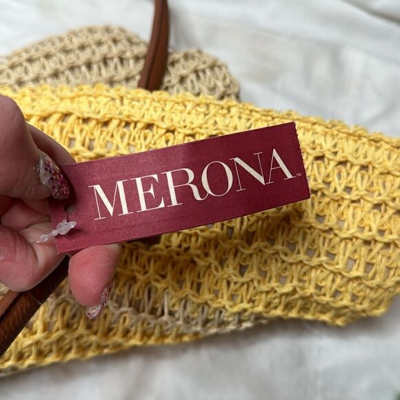 Merona Striped Woven Straw Pom Pom Tote Nag. NWT. - Picture 12 of 12